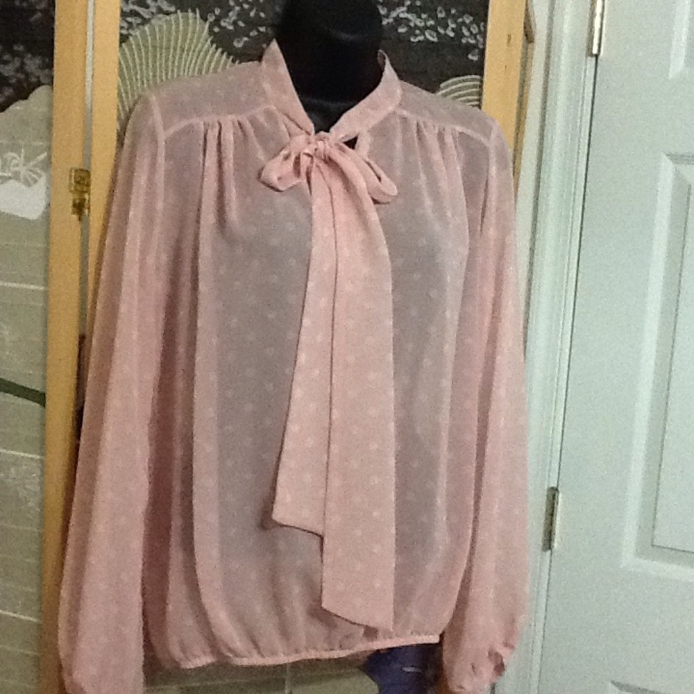 New York & Co Pink Polka dot sheer blouse